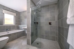 Combined shower/tub, hair dryer, towels