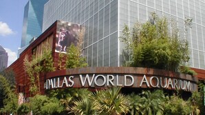 The exterior of the Dallas World Aquarium with a large glass facade and a prominent sign. - Modern Luxury Townhouse | Uptown & Attractions (Dallas)