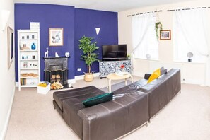 Smart TV, fireplace, books