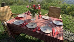 Una mesa al aire libre con mantel a cuadros, platos con diseño azul y blanco y un jarrón con flores rojas y rosas.