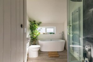 Hair dryer, towels, soap, shampoo