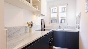 Luxury Apartment | Private kitchen | Fridge, microwave, oven, stovetop