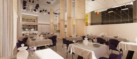 A modern restaurant interior with multiple tables, chairs, and a bar area.