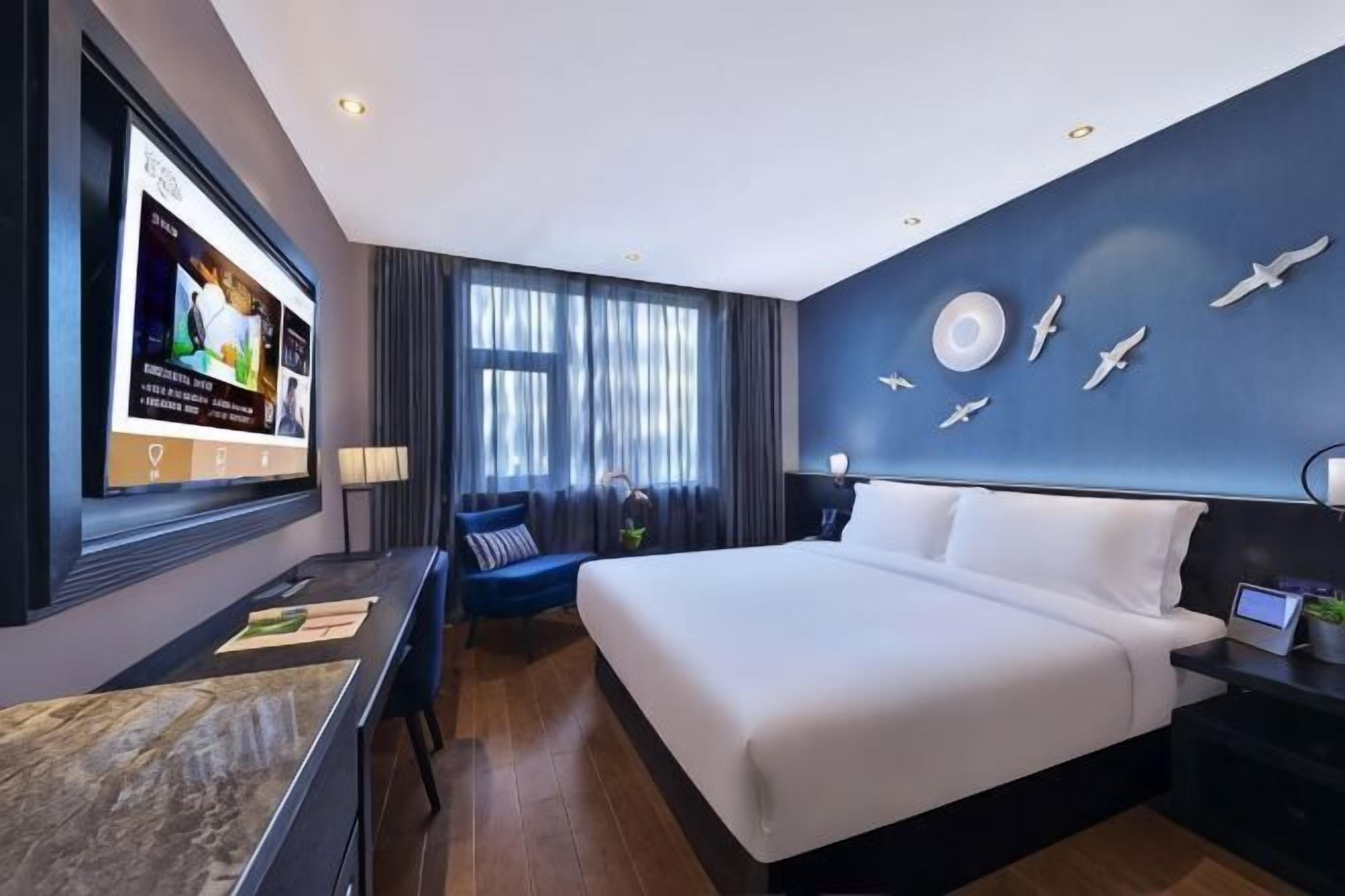 A modern hotel room with a large bed, a desk, a TV, and a wall with airplane decorations.