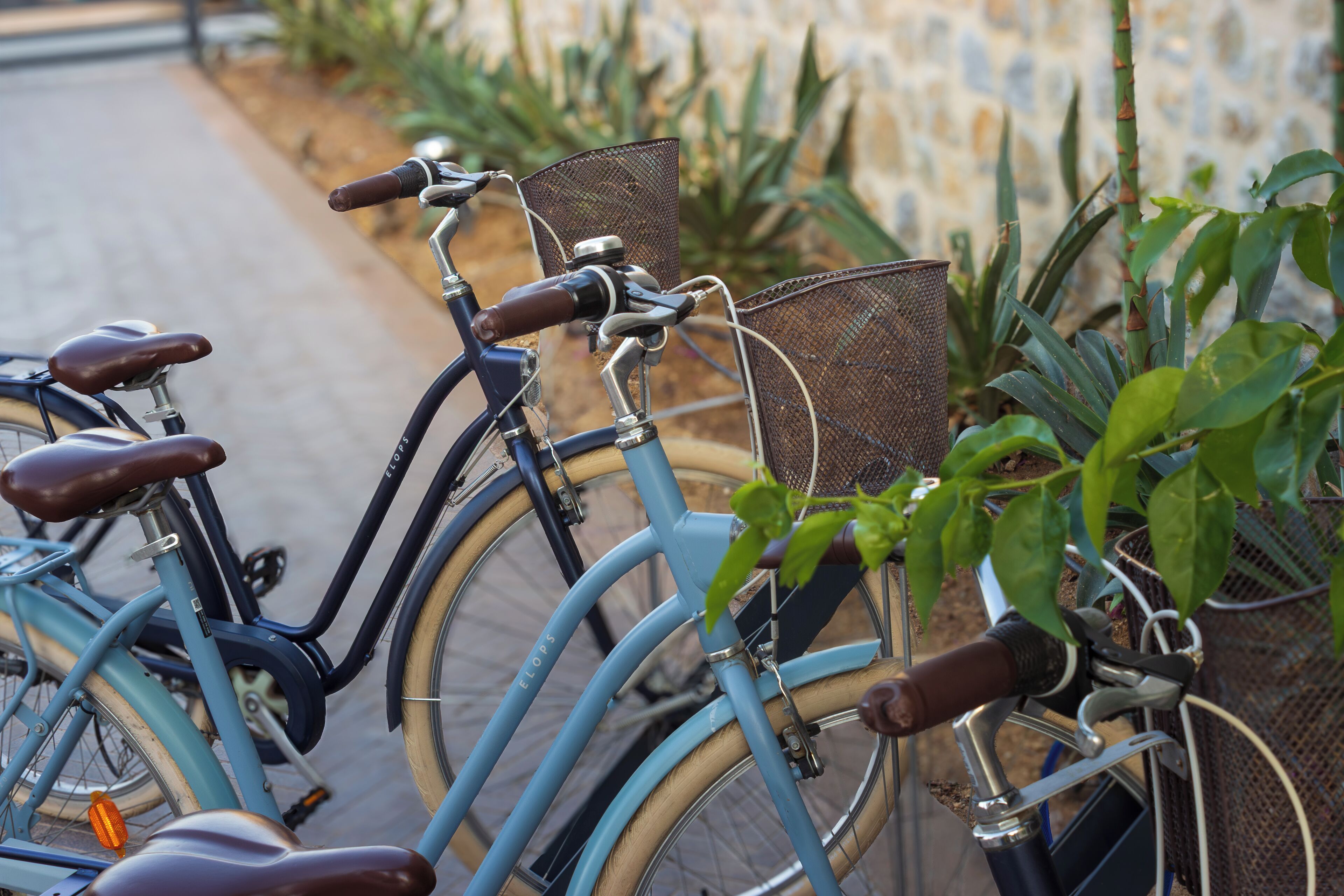 A row of bicycles parked outdoors, with a stone wall and greenery in the background.