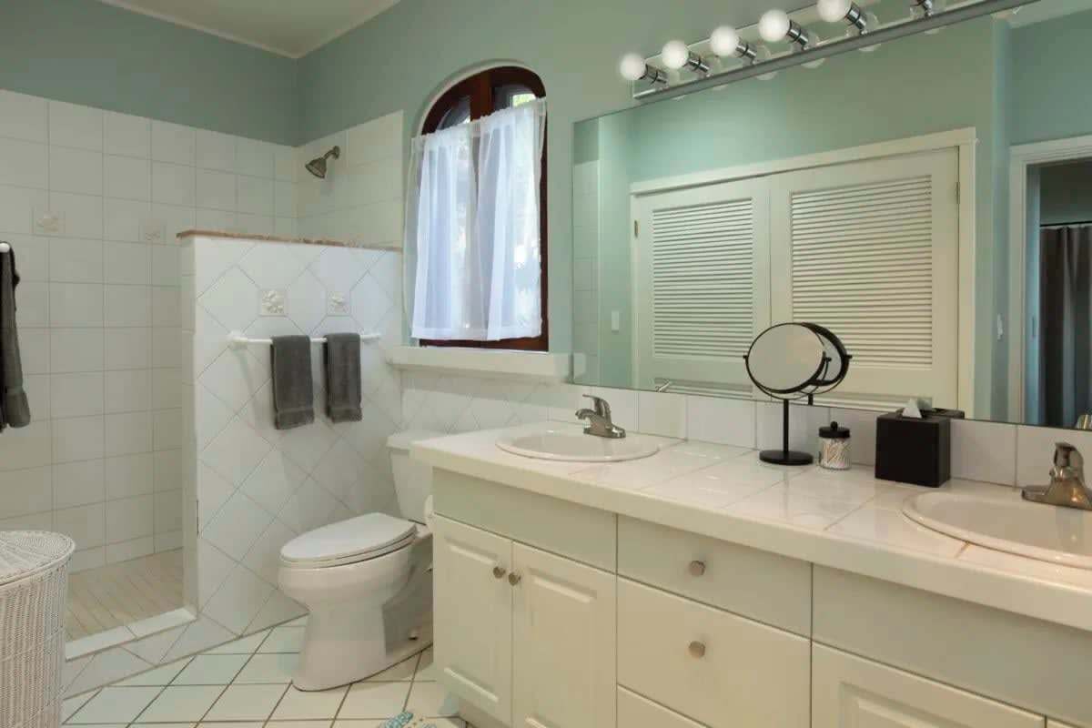 A bathroom with a toilet, a sink, a mirror, and a shower.