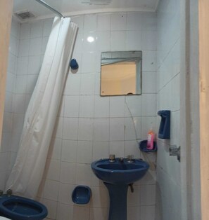Chuveiro, secador de cabelo, bidê, toalhas de banho