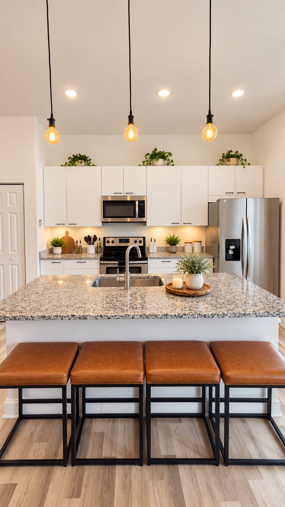 A modern kitchen with white cabinets, a granite countertop, stainless steel appliances, and pendant lighting.