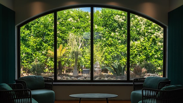 Une pièce dotée d’une grande fenêtre en arc d’où l’on peut admirer une végétation luxuriante et des arbres. On y trouve deux canapés verts et une petite table ronde.