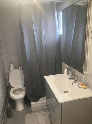 Un baño pequeño con inodoro, lavabo y espejo.