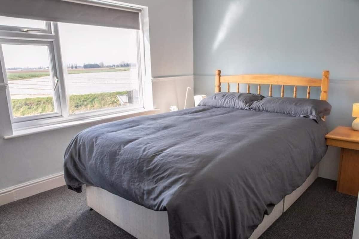 A bedroom with a bed, a window, a nightstand, and a lamp.