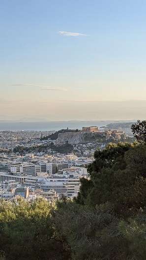 Vista panorámica de una ciudad con una antigua fortaleza imponente en una colina, rodeada de edificios modernos y zonas verdes.