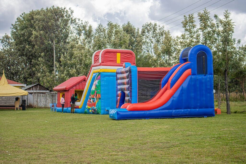 Een opblaasbaar springkussen met een glijbaan en klimmuur, gelegen op een grasveld.