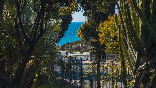 A coastal view with a fenced area, palm trees, and a clear sky. - Lemon Apartment With Garden and Sea View by Wonderful Italy (Bordighera)