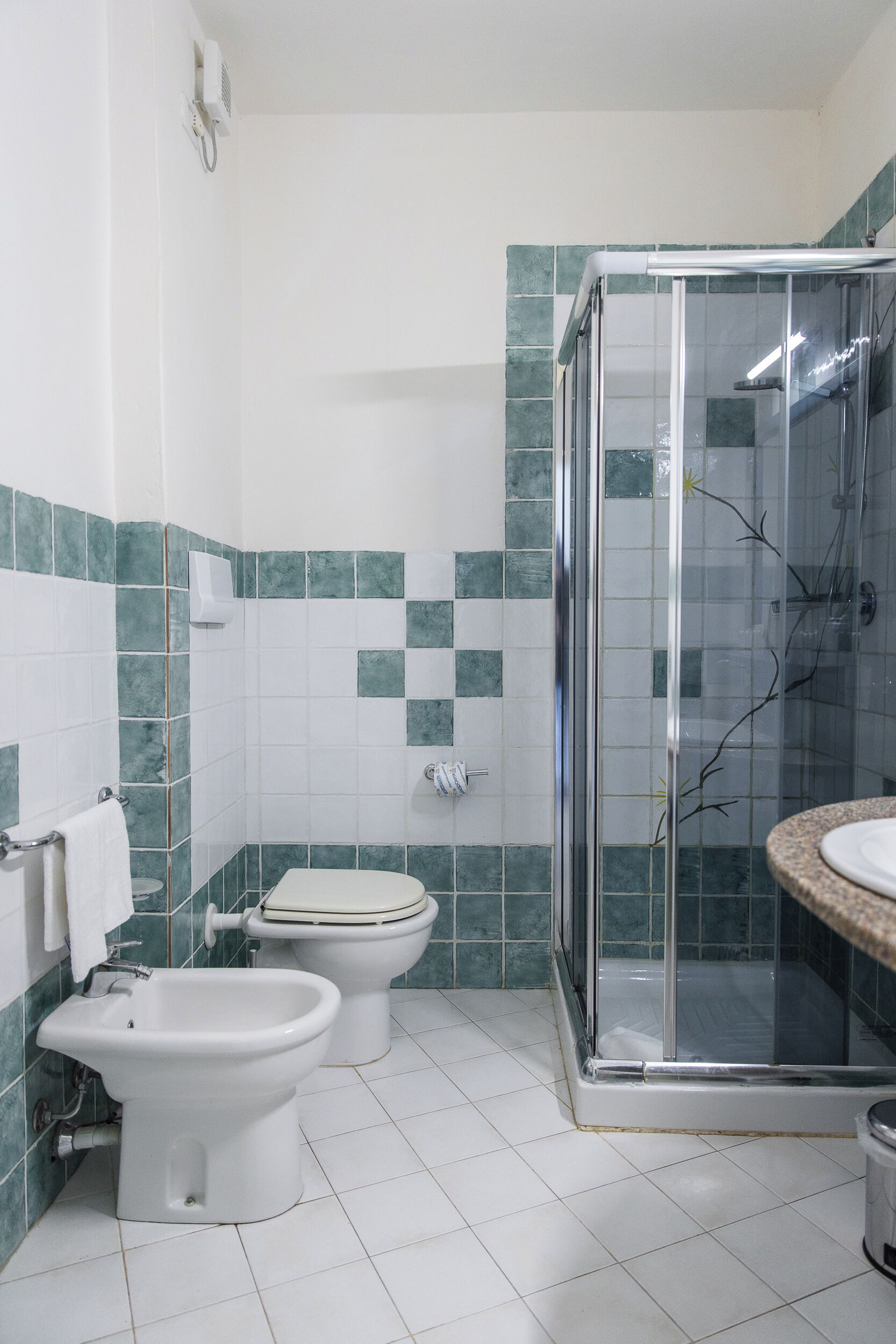 A bathroom with a glass shower enclosure, two toilets, and a sink.