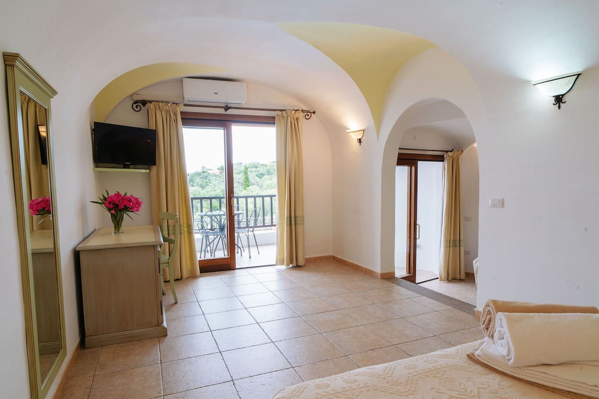 A hotel room with a balcony, a bed, a desk with a mirror, and a TV.