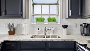 Una cocina con armarios oscuros, una ventana con plantas verdes, un lavamanos con agua corriente y una cafetera.