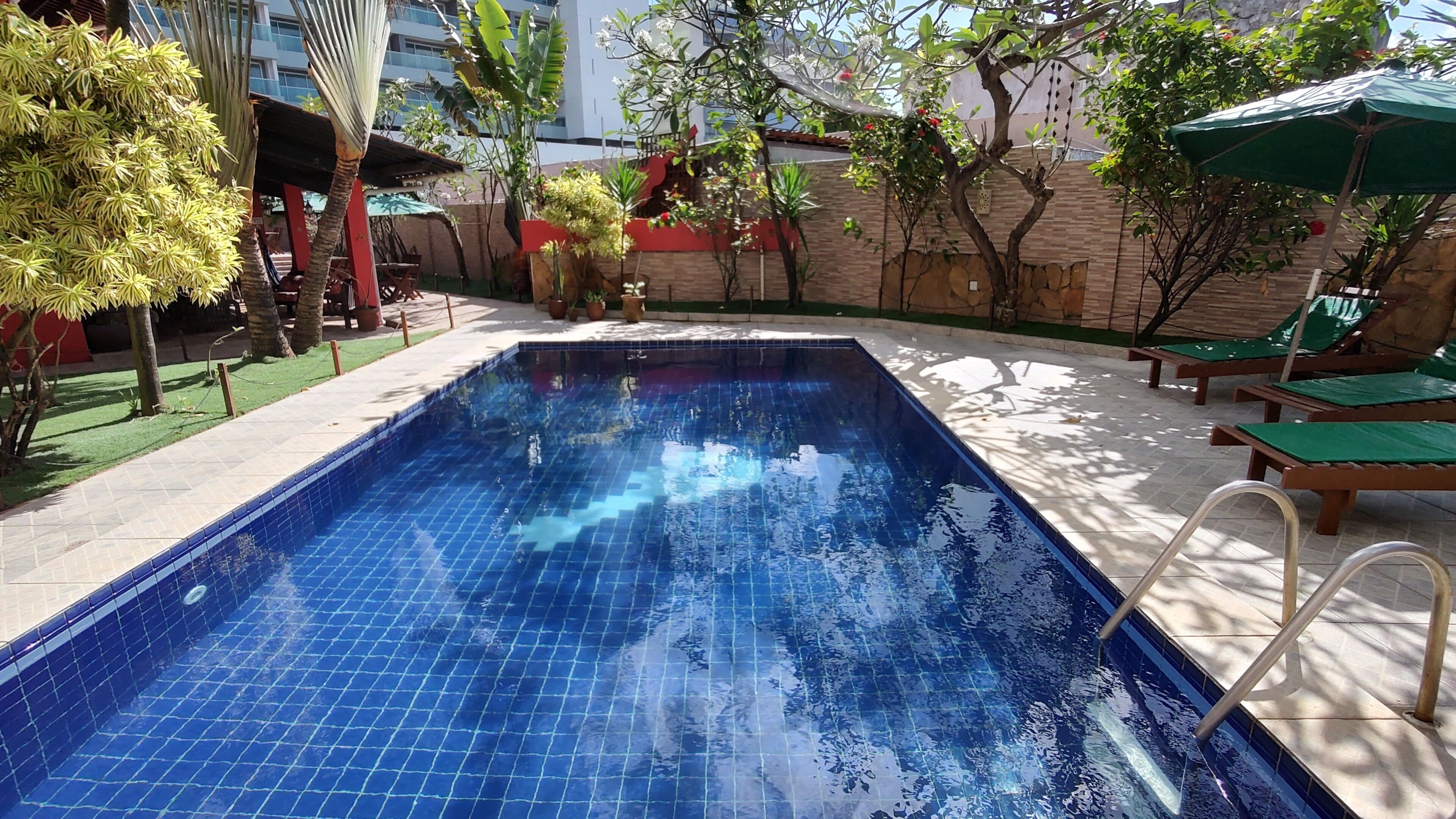 Piscina retangular com azulejos azuis, rodeada por espreguiçadeiras e vasos de plantas.