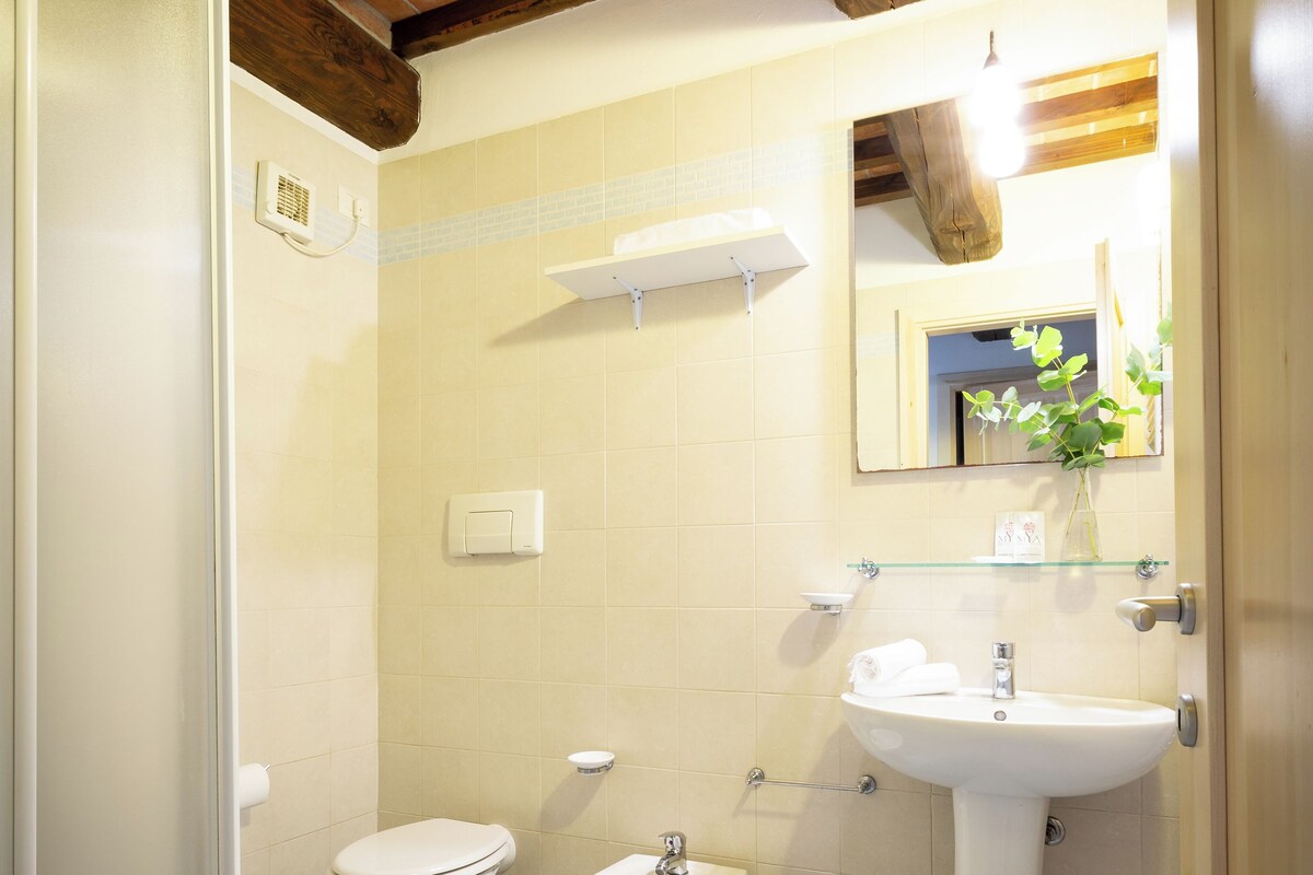 Un baño con ducha, dos inodoros, un bidé, un lavamanos y un espejo.