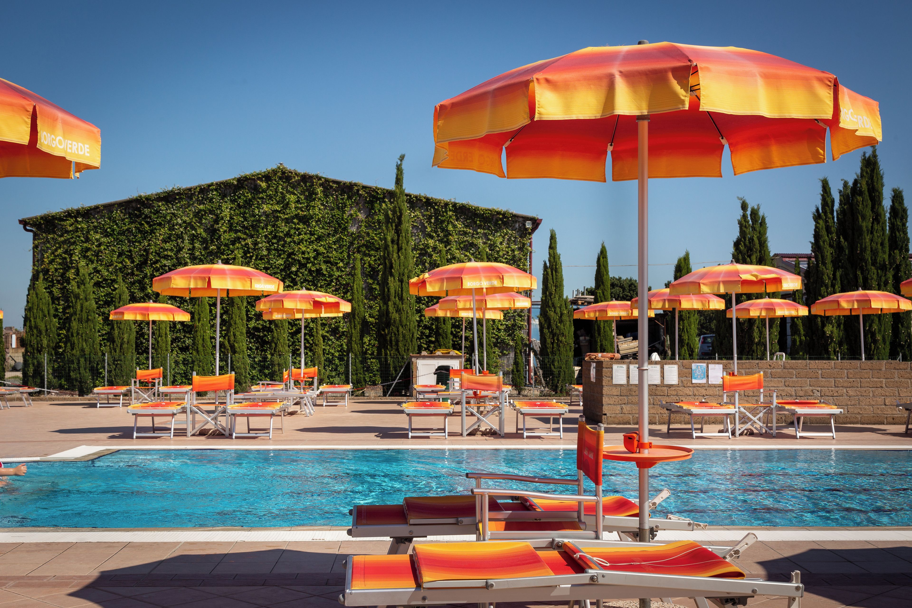 A pool area with multiple sun loungers and umbrellas, a clear blue pool, and a building with a green wall and trees in the background.