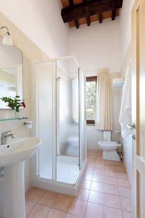 Une salle de bain avec une douche à parois de verre, un lavabo, des toilettes et un miroir.