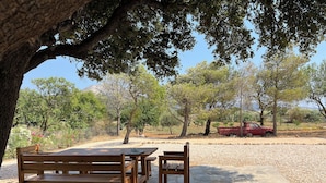 A wooden bench and table set under a tree, with a red truck in the background. - Countryside farm family house, private, calm with mountain views (Sangri)