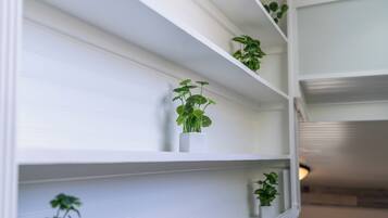 Un intérieur blanc avec des étagères où sont disposées de petites plantes en pot.