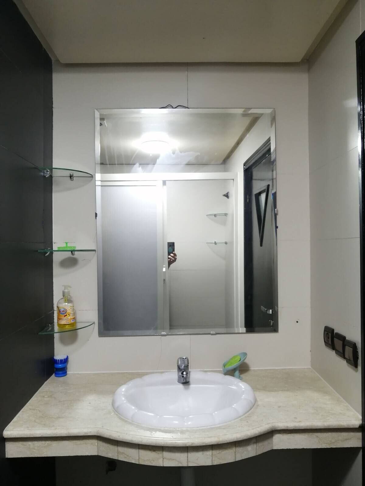 Shower, hair dryer, towels, toilet paper