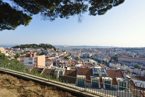 A panoramic view of a cityscape with a prominent hill, a bridge, and a clear sky.