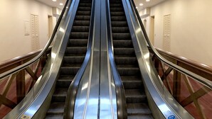 A pair of escalators in a modern building with a glass ceiling and white walls.