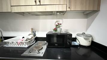 Fridge, microwave, electric kettle