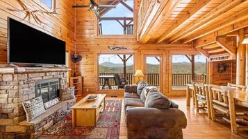 Smart TV, fireplace, foosball, books