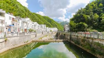 Un canal estrecho bordeado por edificios, un puente de piedra y un promontorio cubierto de bosque.