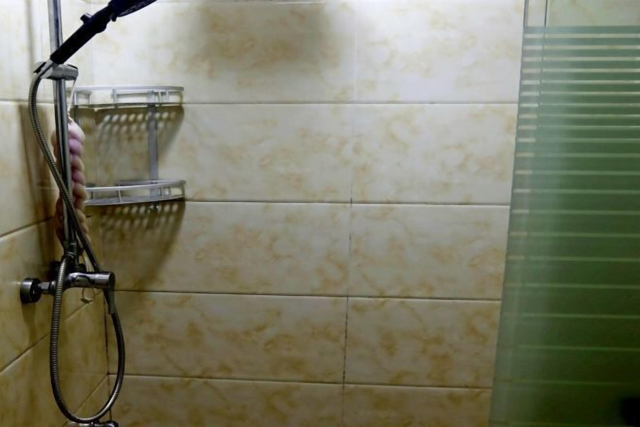 A tiled shower area with a handheld showerhead and a wall-mounted faucet.