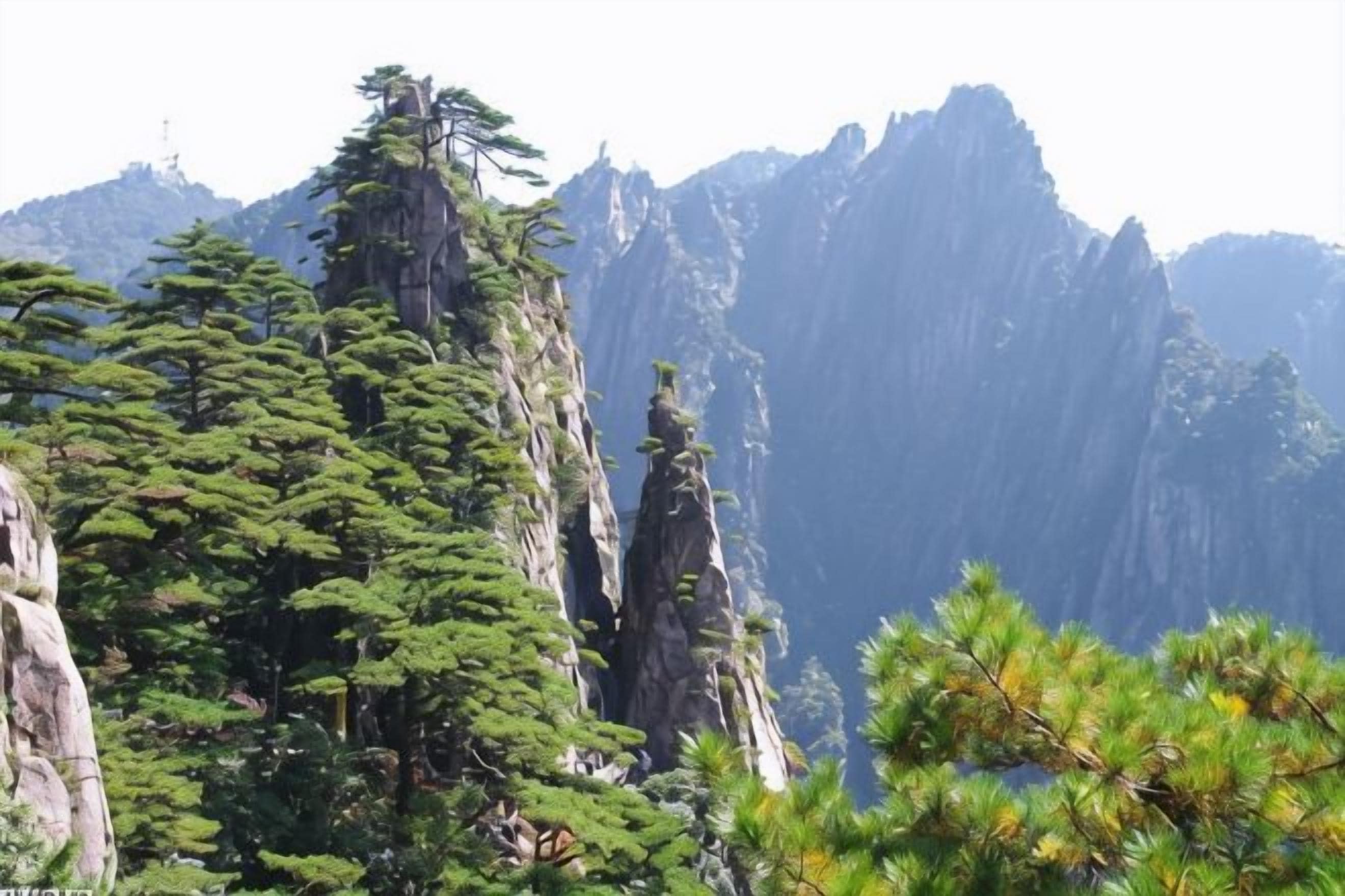 A mountainous landscape with dense forestation and rocky cliffs.