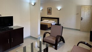 Una habitación de hotel con una cama, televisor, una silla y un escritorio.