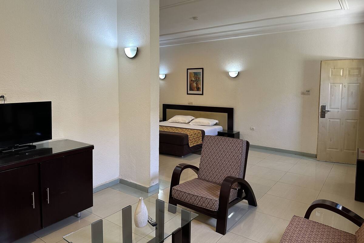Una habitación de hotel con una cama, televisor, una silla y un escritorio.