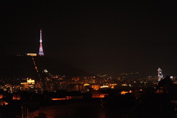 A nighttime cityscape with illuminated buildings and a prominent tower. - HOTELDS (Tbilisi)