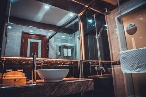 A modern bathroom with a glass shower enclosure, a sink with a bowl, and a mirror reflecting the room.