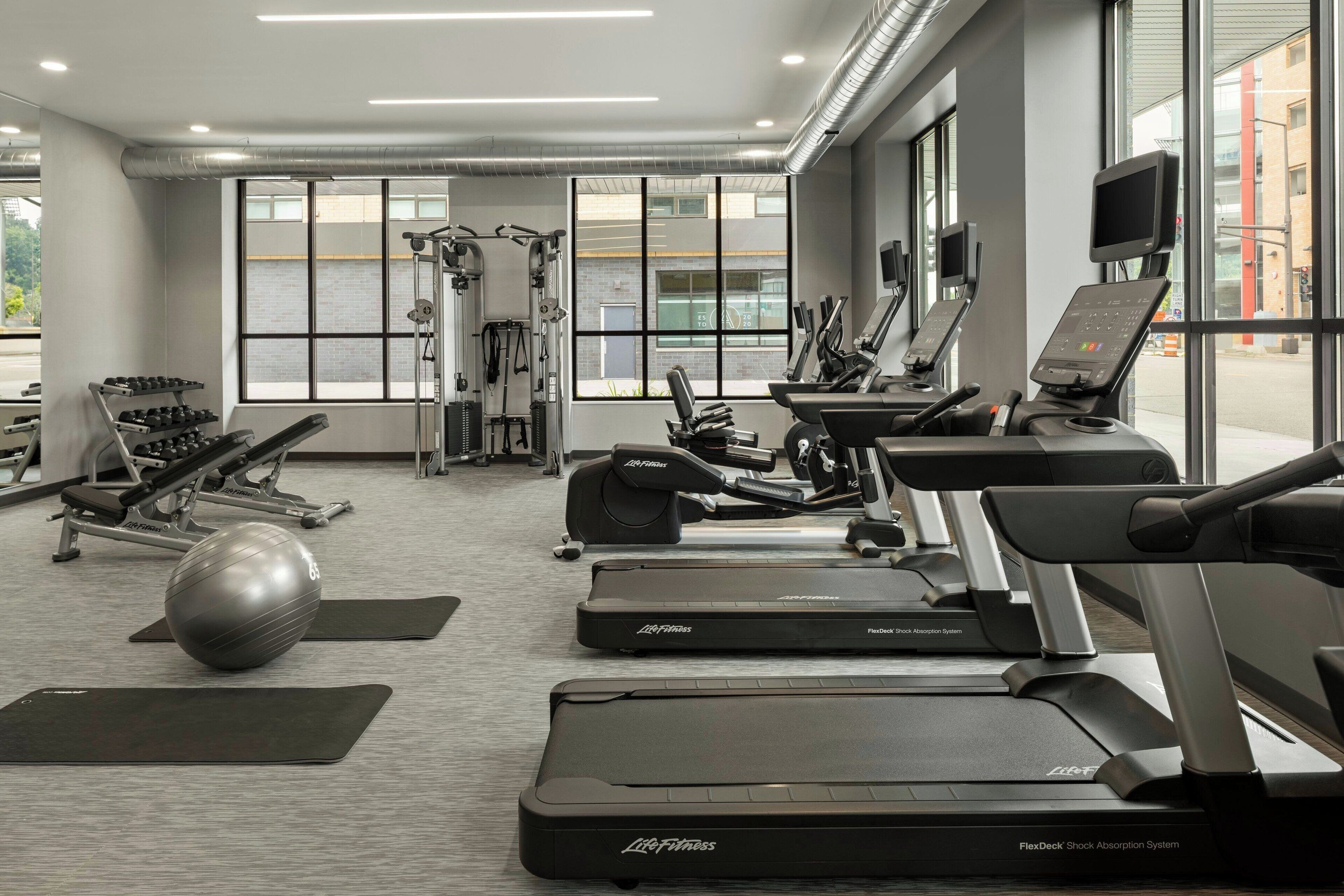 A gym with treadmills, weight machines, and exercise balls.