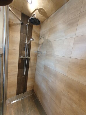 Shower, towels, soap, toilet paper