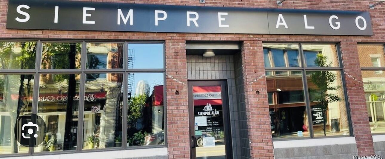 A storefront with the sign "SIEMPRE ALGO" and large windows.