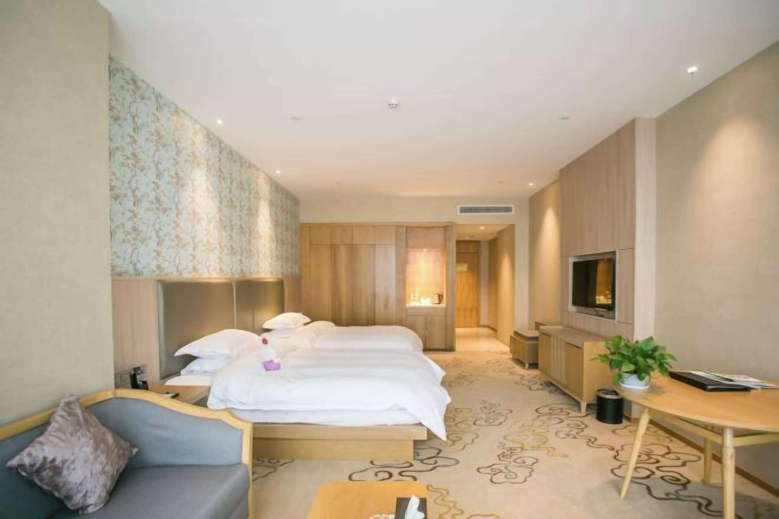 A hotel room with a bed, a sofa, a TV, a desk, and a plant.