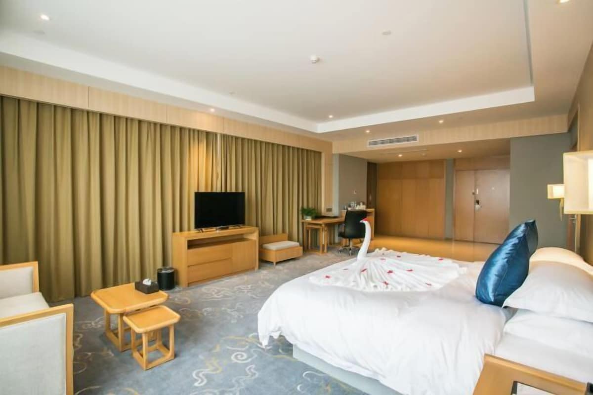 Una habitación de hotel con cama, escritorio, silla, televisor y armario.
