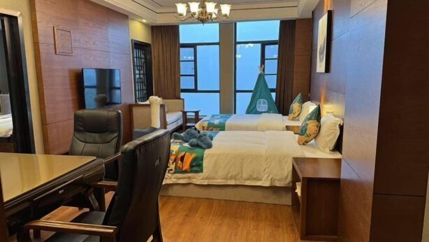 Habitación de hotel con cama, escritorio, silla, televisión y ventana con vistas.