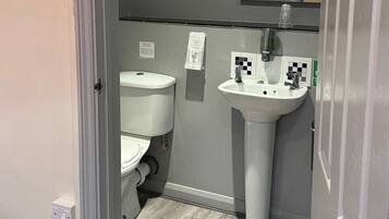 A bathroom with a toilet, sink, and mirror.