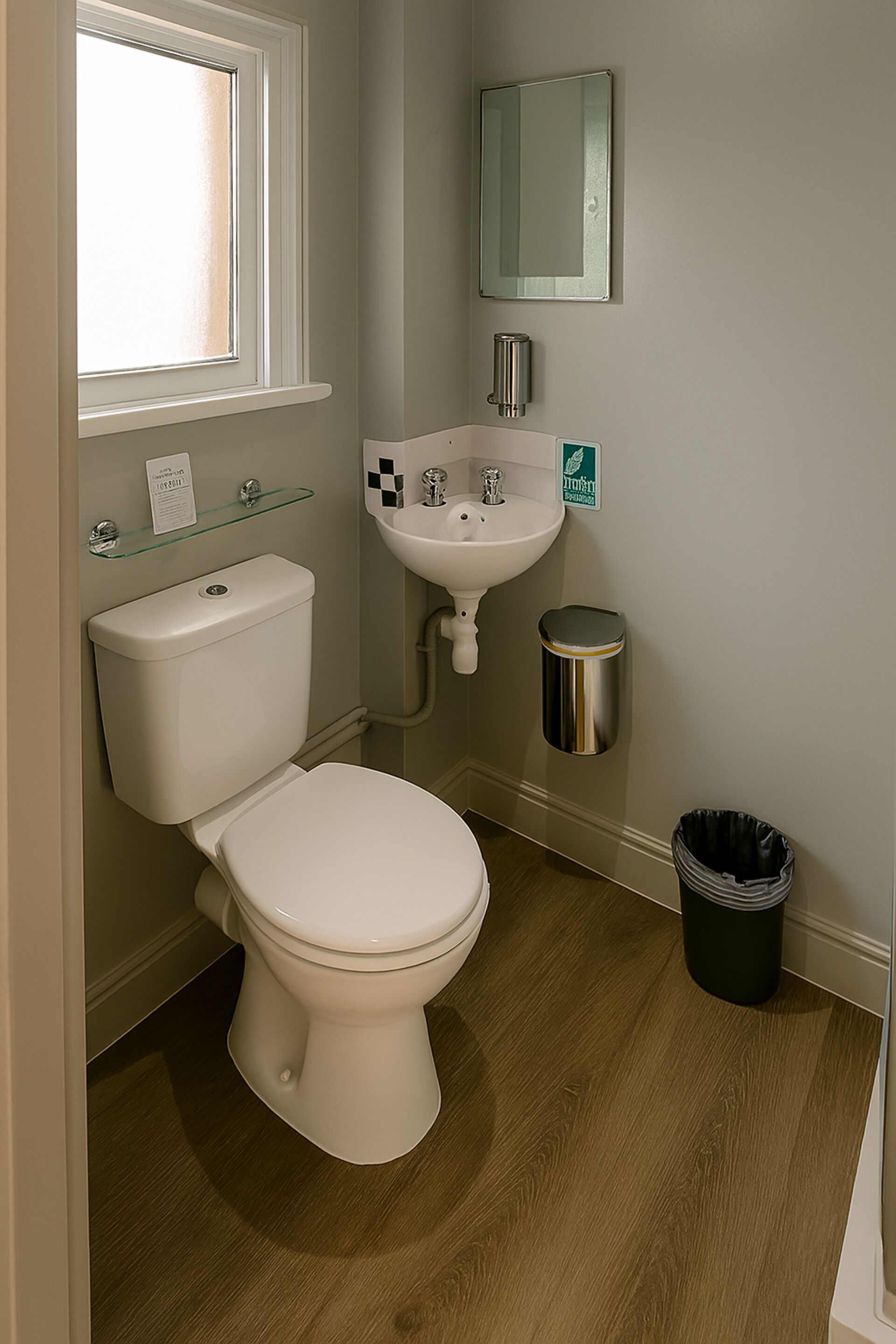 A bathroom with a toilet, sink, and trash can.
