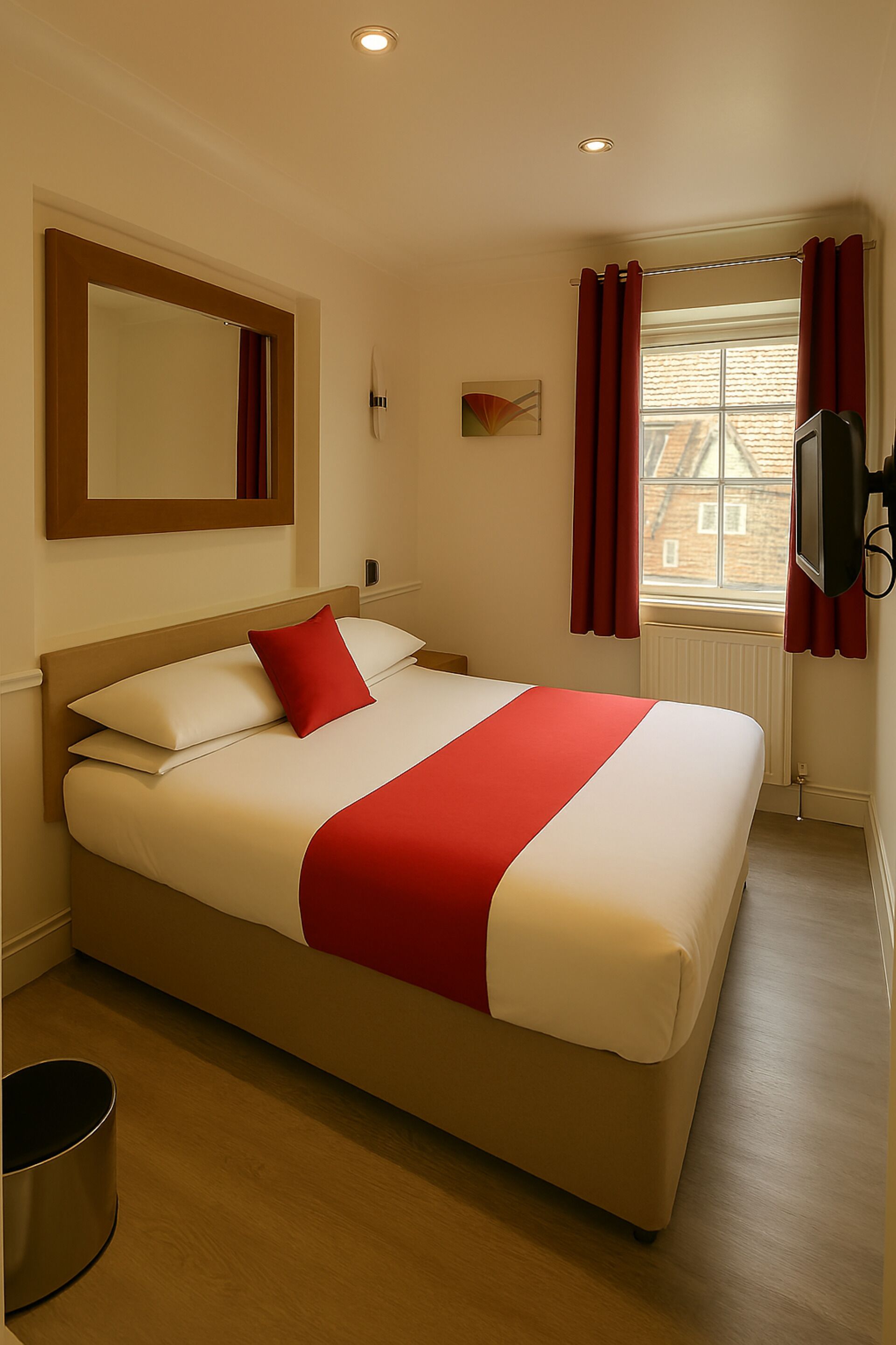 A neatly made bed with white and red bedding, a wooden headboard, and a red throw blanket. There is a window with red curtains, a wall-mounted TV, and a radiator.