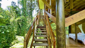 Eine Holztreppe führt zu einem Himmelbett, umgeben von üppiger Vegetation.