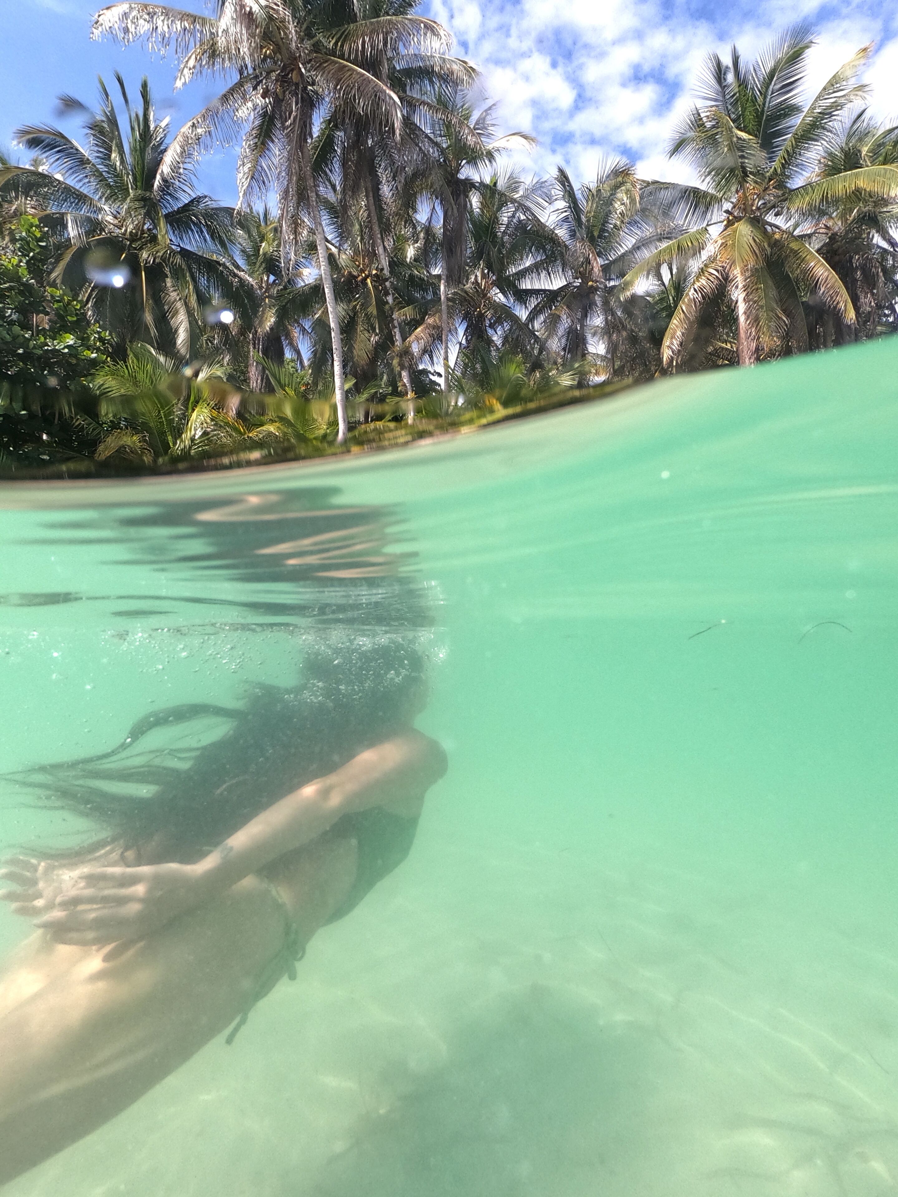 A clear turquoise pool with a person swimming, surrounded by palm trees.